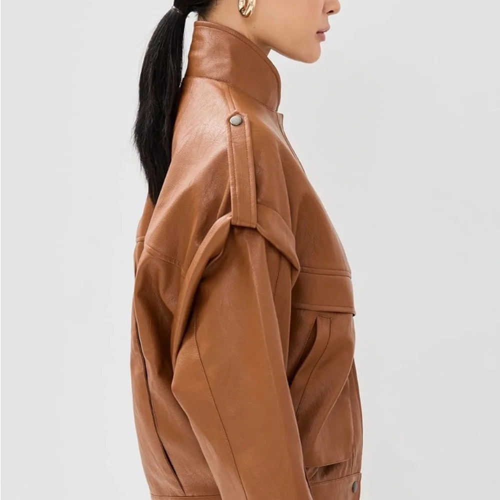 Lioness Brown Leather Jacket with Stand-Up Collar and Oversized Fit - Picture 3 of 5